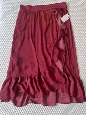 Elle Ruffle-Trim Midi Skirt in Wine Red